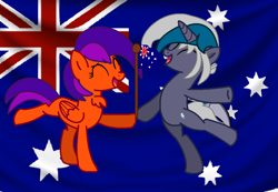 Size: 926x642 | Tagged: safe, artist:jadeharmony, artist:mlp-blue-bases, derpibooru import, oc, oc only, oc:elizabat stormfeather, oc:jade harmony, alicorn, bat pony, bat pony alicorn, pegasus, pony, alicorn oc, australia, australia day, base used, bat pony oc, bat wings, bipedal, chest fluff, dancing, duo, eyes closed, female, flag, horn, mare, raised hoof, raised leg, wings