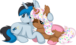 Size: 9547x5695 | Tagged: safe, artist:cyanlightning, derpibooru import, oc, oc only, oc:donut daydream, oc:solar gizmo, pony, unicorn, .svg available, absurd resolution, blue eyes, cute, donut, duo, female, food, horn, hug, looking at each other, male, mare, one eye closed, simple background, smiling, smiling at each other, solo, sprinkles, stallion, tail, transparent background, two toned mane, two toned tail, unicorn oc, vector