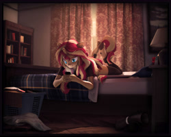 Size: 10000x8000 | Tagged: safe, artist:imafutureguitarhero, derpibooru import, sunset shimmer, anthro, classical unicorn, unguligrade anthro, unicorn, 3d, absurd file size, absurd resolution, arm fluff, arm freckles, bed, bedroom, bedside stand, blanket, bookshelf, boots, border, cellphone, cheek fluff, chromatic aberration, clothes, clothes on floor, cloven hooves, colored eyebrows, colored eyelashes, curtains, ear fluff, ear freckles, ear piercing, earring, ears, error, female, film grain, fluffy, freckles, fur, hoof fluff, hooves in air, horn, indoors, iphone, ipod, jewelry, lamp, laundry, laundry basket, leg fluff, leg freckles, legs, leonine tail, lingerie, long hair, long mane, lying down, lying on bed, mare, morning, mp3 player, multicolored hair, multicolored mane, multicolored tail, nose wrinkle, on bed, painting, paintover, pantyhose, peppered bacon, phone, piercing, pillow, prone, see-through, see-through shirt, shirt, shoes, shoes off, signature, smartphone, solo, source filmmaker, stockings, tail, the pose, thigh highs, unshorn fetlocks, wall of tags, wooden floor