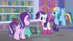 Size: 1920x1080 | Tagged: safe, derpibooru import, screencap, rainbow dash, rarity, starlight glimmer, the end in friend, boots, glitter boots, shoes