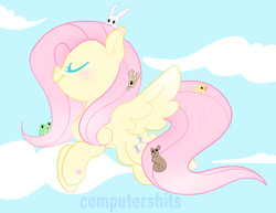 Size: 918x710 | Tagged: safe, artist:computershits, derpibooru import, angel bunny, fluttershy, bird, chipmunk, duck, frog, pegasus, pony, rabbit, squirrel, animal, cloud, critters, eyes closed, female, flying, happy, hoof heart, mortimer, simple background, sky, sky background, solo