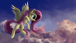 Size: 4000x2250 | Tagged: safe, artist:flusanix, derpibooru import, fluttershy, pegasus, pony, cloud, cute, female, flying, high res, looking down, mare, solo