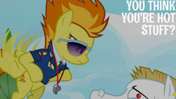 Size: 1280x720 | Tagged: safe, derpibooru import, edit, edited screencap, editor:quoterific, screencap, bulk biceps, spitfire, pegasus, pony, season 3, wonderbolts academy, duo, female, flying, male, mare, spitfire's whistle, spread wings, stallion, whistle, whistle necklace, wings