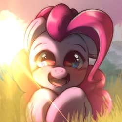 Size: 2048x2048 | Tagged: safe, artist:kurogewapony, derpibooru import, pinkie pie, earth pony, pony, blushing, cute, diapinkes, female, grass, looking at you, lying down, mare, open mouth, open smile, prone, smiling, smiling at you, solo