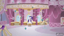 Size: 640x360 | Tagged: safe, derpibooru import, screencap, pinkie pie, rarity, earth pony, parasprite, pony, unicorn, season 1, swarm of the century, animated, carousel boutique, eyes closed, female, gif, gifs.com, mannequin, mare, open mouth, screaming