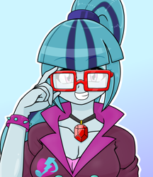 Size: 640x740 | Tagged: safe, artist:batipin, derpibooru import, sonata dusk, equestria girls, breasts, cleavage, clothes, cute, gem, glasses, grin, looking at you, simple background, siren gem, smiling, smiling at you, solo, sonatabetes