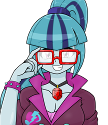 Size: 640x740 | Tagged: safe, alternate version, artist:batipin, derpibooru import, part of a set, sonata dusk, equestria girls, breasts, cleavage, clothes, cute, gem, glasses, grin, looking at you, simple background, siren gem, smiling, smiling at you, solo, sonatabetes, transparent background