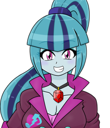 Size: 640x740 | Tagged: safe, alternate version, artist:batipin, derpibooru import, part of a set, sonata dusk, siren, equestria girls, breasts, cleavage, clothes, cute, grin, looking at you, simple background, smiling, smiling at you, solo, sonatabetes, transparent background