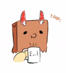 Size: 1152x1266 | Tagged: safe, artist:bubbletea, derpibooru import, oc, oc only, oc:paper bag, earth pony, pony, earth pony oc, evil, fake horns, mug, simple background, solo, white background