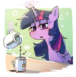 Size: 1264x1283 | Tagged: safe, artist:nendo, derpibooru import, twilight sparkle, twilight sparkle (alicorn), alicorn, pony, female, food, kettle, lidded eyes, mare, mug, solo, tea