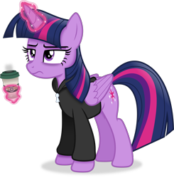 Size: 3846x3931 | Tagged: safe, artist:anime-equestria, derpibooru import, twilight sparkle, twilight sparkle (alicorn), alicorn, annoyed, bags under eyes, clothes, coffee, coffee cup, cup, female, hoodie, horn, levitation, magic, mare, simple background, solo, telekinesis, tired, transparent background, vector, wings