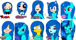 Size: 3368x1781 | Tagged: safe, artist:maneblue, derpibooru import, oc, oc only, anthro, pony, unicorn, adventure time, anthro with ponies, clothes, horn, simple background, sonic the hedgehog (series), style emulation, the powerpuff girls, the simpsons, transparent background, unicorn oc