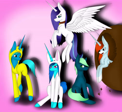 Size: 6000x5500 | Tagged: safe, artist:maneblue, derpibooru import, oc, oc only, alicorn, pony, unicorn, abstract background, alicorn oc, choker, clothes, costume, female, flying, horn, kigurumi, male, mare, sitting, stallion, unicorn oc, wings