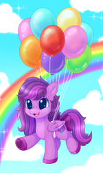 Size: 3008x5008 | Tagged: safe, alternate version, artist:malarkey, derpibooru import, oc, oc only, oc:emilia starsong, pegasus, pony, balloon, cloud, female, mare, open mouth, open smile, pointing, rainbow, sky, smiling, solo