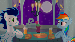 Size: 1280x720 | Tagged: safe, artist:mlplary6, derpibooru import, rainbow dash, soarin', pegasus, pony, best pony, burger, candle, candlelight, dinner, female, flower, food, french fries, hay burger, hay fries, heartwarming, male, moon, romantic, shipping, smiling, soarindash, straight