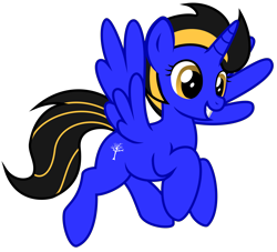 Size: 3400x3090 | Tagged: safe, artist:strategypony, derpibooru import, oc, oc only, oc:zee ayoura, alicorn, pony, alicorn oc, black mane, female, flying, full body, golden eyes, grin, high res, hooves, horn, mare, neon, rule 63, show accurate, simple background, smiling, solo, spread wings, tail, transparent background, two toned mane, two toned tail, wings