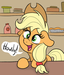 Size: 770x905 | Tagged: safe, artist:pony-thunder, derpibooru import, applejack, earth pony, pony, cute, dialogue, ears, eyelashes, female, floppy ears, green eyes, howdy, jackabetes, mare, solo, speech bubble, text