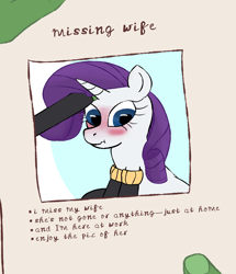 Size: 2610x3040 | Tagged: safe, artist:wren, ponerpics import, rarity, oc, oc:anon, pony, unicorn, blushing, clothes, female, head pat, mare, meme, missing, pat, patting, photo, scrunchy face, simple background, sitting, socks, solo, thumb, wife