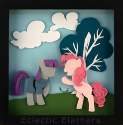 Size: 1820x1840 | Tagged: safe, artist:elathera, derpibooru import, maud pie, pinkie pie, earth pony, pony, 2015, bipedal, paper, raised hoof, raised leg, shadow box, tree