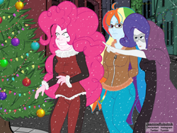 Size: 1030x776 | Tagged: safe, artist:jasminerobotnik, derpibooru import, idw, pinkie pie, rainbow dash, rarity, equestria girls, ponies of dark water, christmas, doctor doomity, hearth's warming eve, holiday, pinkie joker