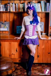 Size: 1068x1600 | Tagged: safe, artist:cosplaydeviants, derpibooru import, twilight sparkle, human, black stockings, bookshelf, clothes, cosplay, costume, irl, irl human, photo, shoes, skirt, socks, solo