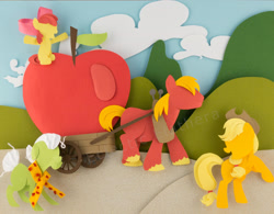 Size: 2771x2164 | Tagged: safe, artist:elathera, derpibooru import, apple bloom, applejack, big macintosh, granny smith, earth pony, pony, 2014, apple, food, giant apple, paper, shadow box