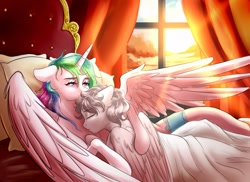 Size: 2200x1600 | Tagged: safe, artist:gloomydinosaur, derpibooru import, princess celestia, oc, oc:light knight, alicorn, pegasus, pony, bed, dawn, hug, room, sleeping, sunshine