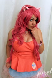 Size: 853x1280 | Tagged: safe, artist:pixelvixens, derpibooru import, pinkie pie, human, bare shoulders, bracelet, clothes, cosplay, costume, cutie mark on clothes, irl, irl human, jewelry, photo, sleeveless, solo