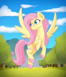 Size: 1500x1750 | Tagged: safe, artist:jaycartist, derpibooru import, fluttershy, pegasus, pony, cloud, colored hooves, cute, ear fluff, ears, female, flying, full body, grass, hooves, mare, outdoors, pink mane, pink tail, shyabetes, signature, sky, smiling, solo, spread wings, tail, tree, unshorn fetlocks, wings
