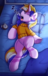 Size: 1600x2500 | Tagged: safe, artist:shadowreindeer, derpibooru import, oc, oc only, oc:marshmallow magic, pony, unicorn, alarm clock, bed, clock, clothes, commission, eyes closed, featureless crotch, high res, hooves, horn, lying down, multicolored mane, multicolored tail, on back, on bed, onomatopoeia, open mouth, pillow, sleeping, snoring, solo, sound effects, tail, underhoof, unicorn oc, ych result, zzz
