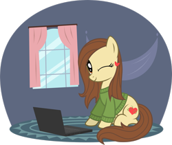 Size: 2667x2249 | Tagged: safe, artist:etonyoc, derpibooru import, oc, oc:autumn leaf, earth pony, pony, computer, earth pony oc, female, laptop computer, looking at you, mare, one eye closed, sitting, solo, window, wink, winking at you