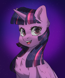 Size: 2500x3000 | Tagged: safe, artist:chibadeer, derpibooru import, twilight sparkle, twilight sparkle (alicorn), alicorn, pony, bust, cheek fluff, chest fluff, ear fluff, ears, female, looking at you, mare, open mouth, open smile, portrait, smiling, smiling at you, solo