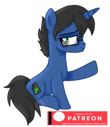 Size: 895x1034 | Tagged: safe, artist:pure-blue-heart, derpibooru import, oc, oc only, oc:digital wrench, pony, unicorn, black mane, black tail, disappointed, frown, full body, glasses, green eyes, horn, male, patreon, patreon reward, raised hoof, raised leg, shading, simple background, sitting, solo, stallion, tail, transparent background, unicorn oc, watermark