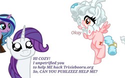 Size: 4000x2500 | Tagged: dead source, safe, artist:aonatsu_ki, derpibooru import, edit, idw, cozy glow, radiant hope, rarity, twinkleshine, pegasus, pony, unicorn, comic:insane filly rarity, the ending of the end, black lipstick, bow, cape, clothes, cobble glow, cute, cute face, dyed mane, exclamation point, eyeshadow, female, filly, filly rarity, foal, hair bow, horn, idw showified, lidded eyes, lipstick, makeup, mare, nose piercing, okay, petrification, piercing, pure concentrated unfiltered evil of the utmost potency, pure unfiltered evil, question mark, raribetes, simple background, small wings, smiling, spread wings, spying, stone, text, transparent background, trixiebooru, unpetrification, vector, vector edit, wide eyes, wide smile, wings, younger