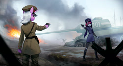 Size: 2500x1364 | Tagged: safe, artist:mrscroup, derpibooru import, oc, oc only, oc:galaxy rose, anthro, unicorn, barbed wire, battlefield, clothes, commission, cyrillic, female, fire, gun, handgun, hat, looking at each other, looking at someone, military uniform, pistol, russian, standing, standoff, t-34, tank (vehicle), uniform, weapon, world war ii