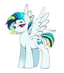Size: 1656x1891 | Tagged: safe, artist:riukime, derpibooru import, oc, oc only, pegasus, pony, full body, hooves, multicolored mane, multicolored tail, offspring, parent:rainbow dash, parent:soarin', parents:soarindash, pegasus oc, signature, simple background, smiling, solo, spread wings, standing, tail, white background, wings