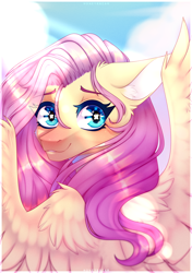 Size: 2760x3920 | Tagged: safe, artist:honeybbear, derpibooru import, fluttershy, pegasus, pony, eye clipping through hair, eyebrows, eyebrows visible through hair, female, grin, high res, looking at you, mare, smiling, smiling at you, solo, spread wings, wings