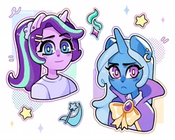 Size: 2048x1632 | Tagged: safe, artist:ponscrossing, derpibooru import, starlight glimmer, trixie, anthro, unicorn, cape, clothes, cutie mark, duo, duo female, ear piercing, eyelashes, female, hairclip, horn, looking at you, piercing, ribbon, shirt, smiling, stars, t-shirt, trixie's cape