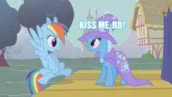 Size: 1280x720 | Tagged: safe, derpibooru import, edit, edited screencap, screencap, rainbow dash, trixie, pegasus, pony, unicorn, boast busters, duo, duo female, female, implied kissing, implied lesbian, implied shipping, implied trixdash, mare, open mouth, ponyville