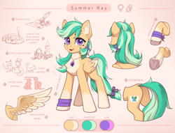 Size: 3000x2294 | Tagged: safe, artist:inowiseei, derpibooru import, oc, oc only, oc:summer ray, pegasus, pony, chest fluff, ear fluff, ears, female, freckles, frog (hoof), looking at you, mare, open mouth, open smile, pink background, reference sheet, ribbon, simple background, smiling, smiling at you, solo, underhoof