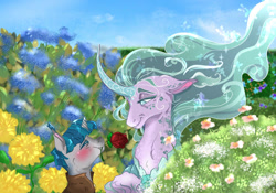 Size: 1024x717 | Tagged: safe, artist:miyalaflordorada, derpibooru import, mistmane, stygian, pony, unicorn, blushing, duo, eyebrows, eyebrows visible through hair, eyes closed, female, flower, flower in mouth, garden, male, mare, mistian, mouth hold, rose, rose in mouth, shipping, size difference, smiling, stallion, straight, wavy mouth