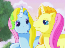 Size: 615x458 | Tagged: safe, derpibooru import, screencap, brights brightly, whistle wishes, pony, unicorn, g3, the runaway rainbow, :o, adorabrights, cute, dexterous hooves, duo, error, faic, female, g3 whistlebetes, lidded eyes, mare, multicolored hair, multicolored mane, o, o mouth, open mouth, outdoors, smiling, talking, tree, unicornia