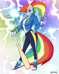 Size: 1080x1350 | Tagged: safe, artist:dymblefish, derpibooru import, rainbow dash, anthro, pegasus, baseball bat, clothes, equestria girls outfit, eyebrows, eyebrows visible through hair, female, hand on hip, hoodie, leggings, looking at you, ponytail, smiling, smiling at you, solo