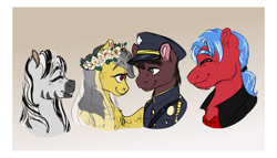 Size: 1024x587 | Tagged: safe, artist:miyalaflordorada, derpibooru import, daring do, oc, oc:bobby baseline, oc:phillip finder, oc:rain rhythm, earth pony, pegasus, zebra, fanfic:ponyville noire, clothes, dress, father and child, father and son, female, floral head wreath, flower, interspecies offspring, looking at each other, looking at someone, looking into each others eyes, male, mother and child, mother and son, offspring, parent and child, phiring, police uniform, shipping, smiling, wedding dress