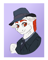 Size: 1000x1260 | Tagged: safe, artist:miyalaflordorada, derpibooru import, oc, oc:flame strider, pegasus, fanfic:ponyville noire, clothes, ears, fedora, floppy ears, hat, looking at you, male, smiling, suit