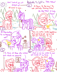 Size: 4779x6013 | Tagged: safe, artist:adorkabletwilightandfriends, derpibooru import, spike, twilight sparkle, twilight sparkle (alicorn), oc, oc:lawrence, alicorn, earth pony, pony, comic:adorkable twilight and friends, adorkable, adorkable twilight, bold and brash, comic, cute, date, door, dork, female, flower, food, friendship, glasses, happy, holding, house, kindness, lamp, love, m'lady, male, mare, open door, painting, popcorn, puddle, relationship, relationships, sitting, slice of life, spongebob squarepants, squidward tentacles, stallion, tree, wings