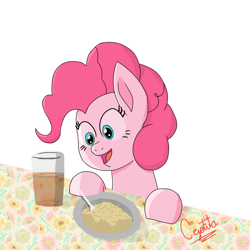 Size: 1280x1280 | Tagged: safe, artist:cjv2004, derpibooru import, pinkie pie, earth pony, pony, chocolate, food, reviro, solo, table