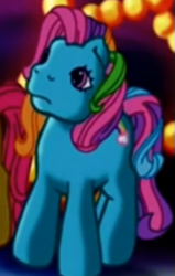 Size: 331x519 | Tagged: safe, derpibooru import, screencap, apple spice, rainbow dash (g3), earth pony, pony, a very minty christmas, g3, christmas, christmas tree, cropped, cute, female, frown, g3 dashabetes, holiday, mare, night, offscreen character, rainbow dash is not amused, solo, solo focus, tree, unamused