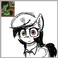 Size: 769x768 | Tagged: safe, artist:zebra, ponerpics import, oc, oc only, oc:anon filly, pony, beret, bust, clothes, emotionless, female, filly, foal, hat, jacket, loss (meme), pony town, portrait, scar, solo, thousand yard stare