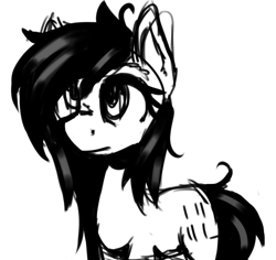 Size: 503x475 | Tagged: safe, artist:zebra, ponerpics import, greasy hair, loss (meme), messy hair, messy mane, messy tail, monochrome, solo